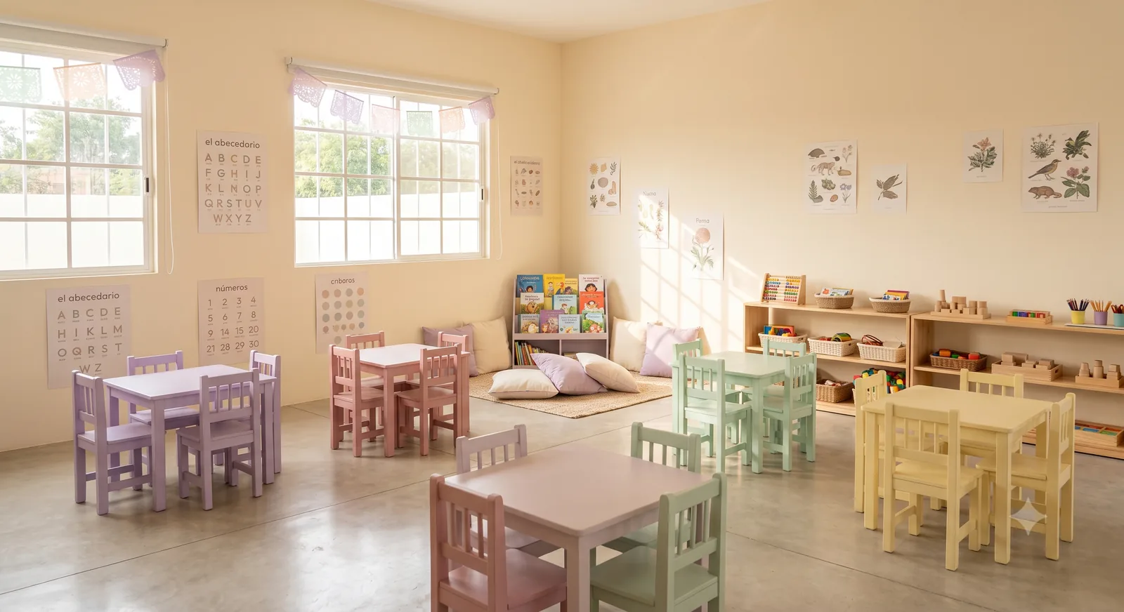 Aula de preescolar en tonos pastel