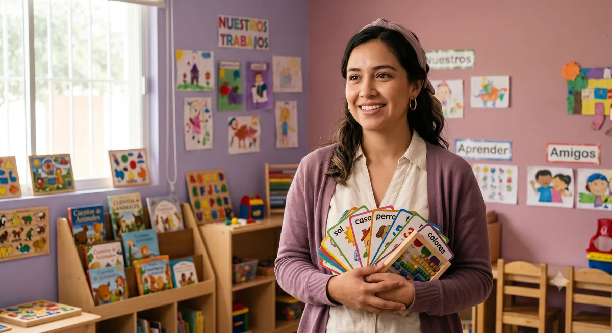 Educadora mostrando tarjetas didácticas